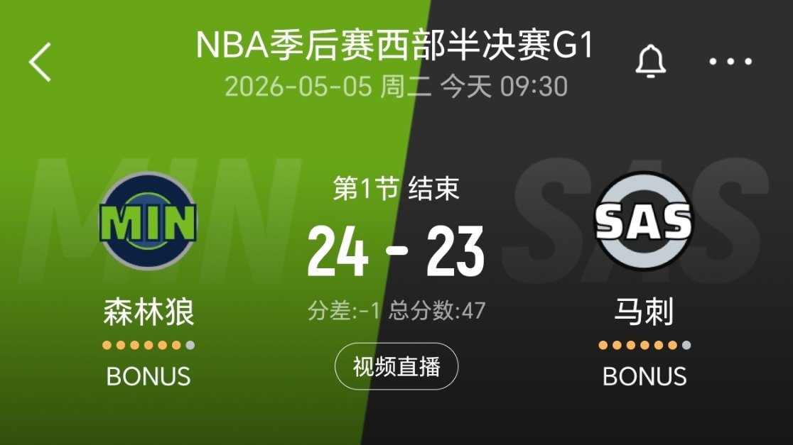 第一节结束，马刺23-24森林狼！nba季后赛森林狼vs马刺