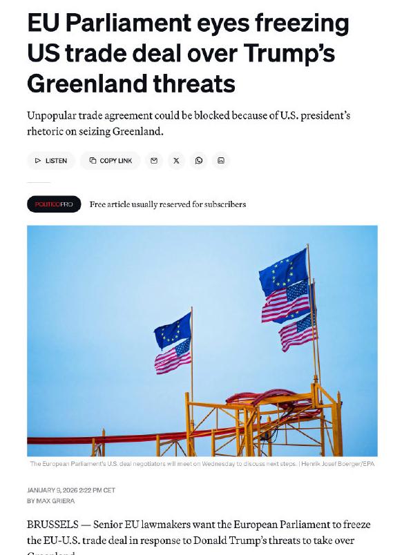 欧盟正在准备一份针对美国公司的制裁清单，用来应对美国可能对格陵兰岛采取的下一步动