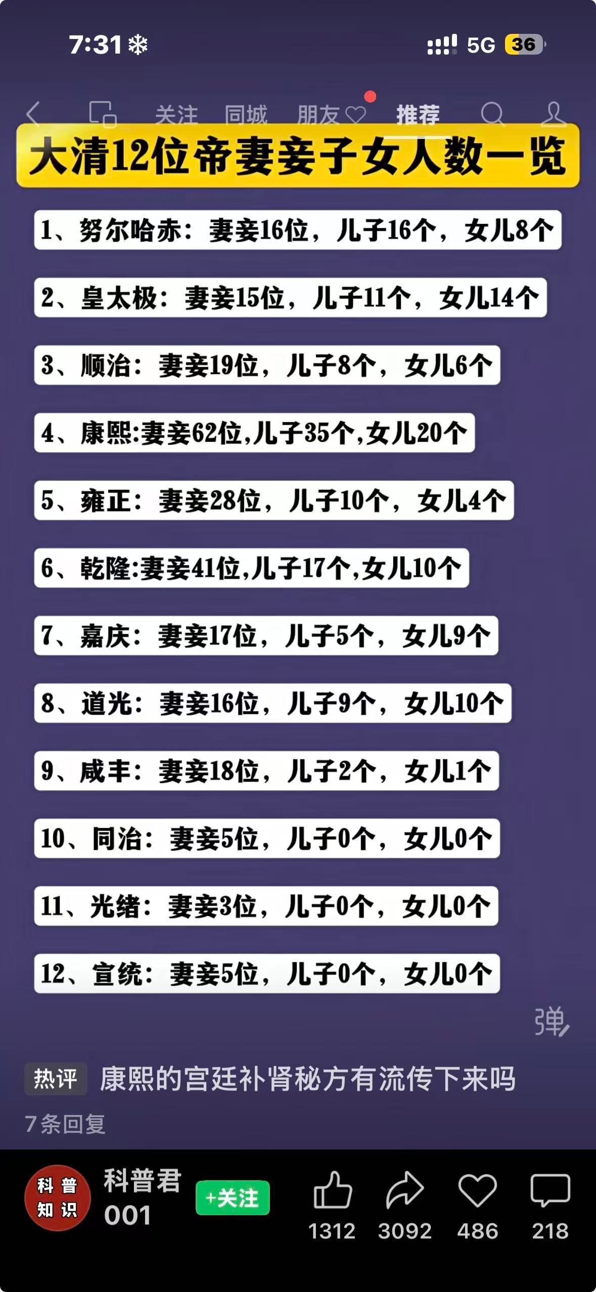 大清12位帝妻妾子女人数一览 