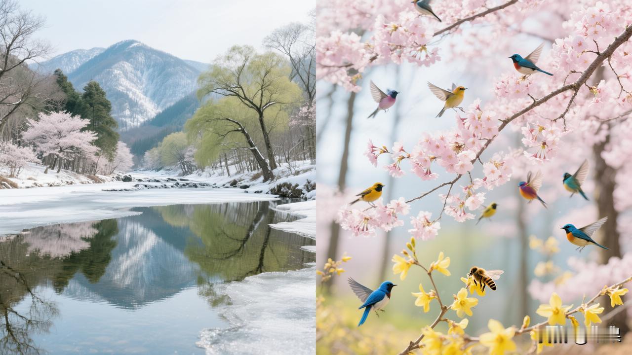 赏析：这幅对联的下联“春来鸟语花香”与上联“冬去山明水秀”相映成趣。从内容上看，