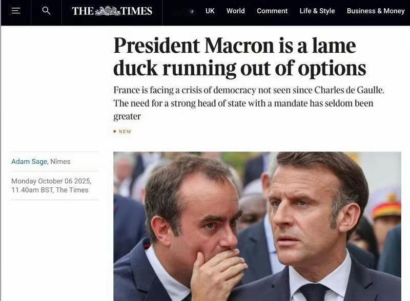 据The Times报道，法国总统马克龙在总理上任不足一月即辞职后已成为束手无策