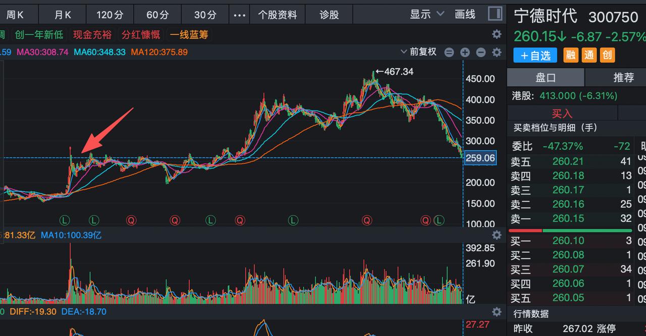 宁德时代的股价即将跌回到2024年9月30日的水平了！宁德时代过去一波从250涨