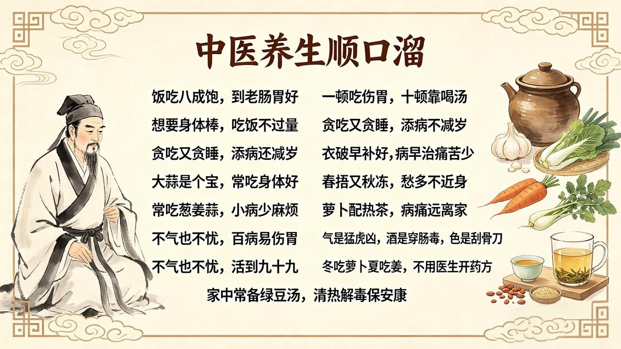 中医养生顺口溜
 
1. 饭吃八成饱，到老肠胃好！
2. 一顿吃伤胃，十顿靠喝汤