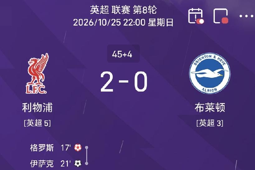 半场战报，利物浦2-0布莱顿
北京时间10月25日22:00，英超联赛第8轮焦点