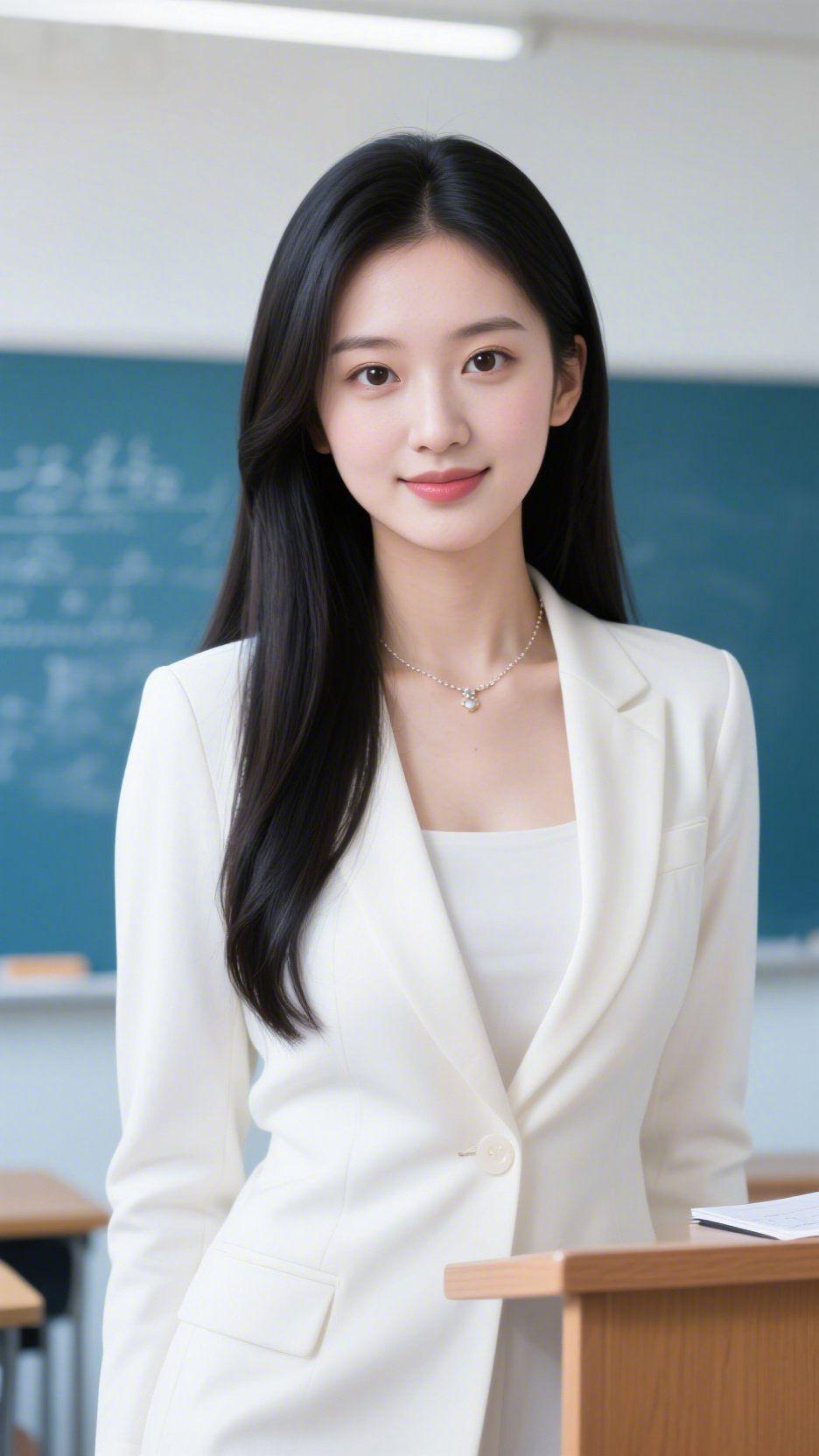 素衫伴书香
 
教室的晨光漫过黑板，落在浅白的西装上，衬得周身都浸着温润的气息。