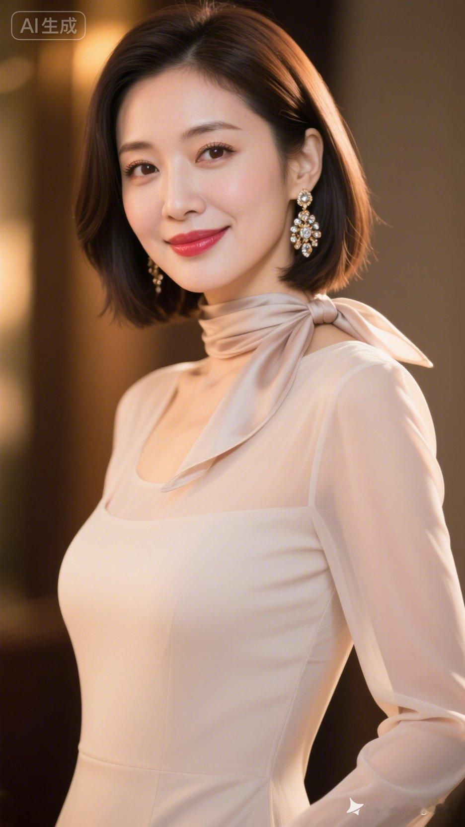 这位女士穿着优雅，笑容迷人。