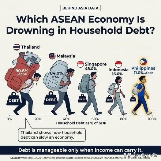 东南亚民众的家庭债务
 
家庭债务占GDP的比重：
泰国 90.8%
马来西亚 