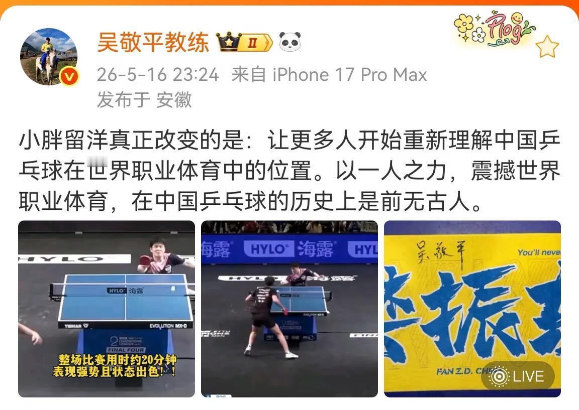 吴敬平教练评价樊振东留洋：真正改变的是，让更多的人开始重新理解
中国乒乓球在世界