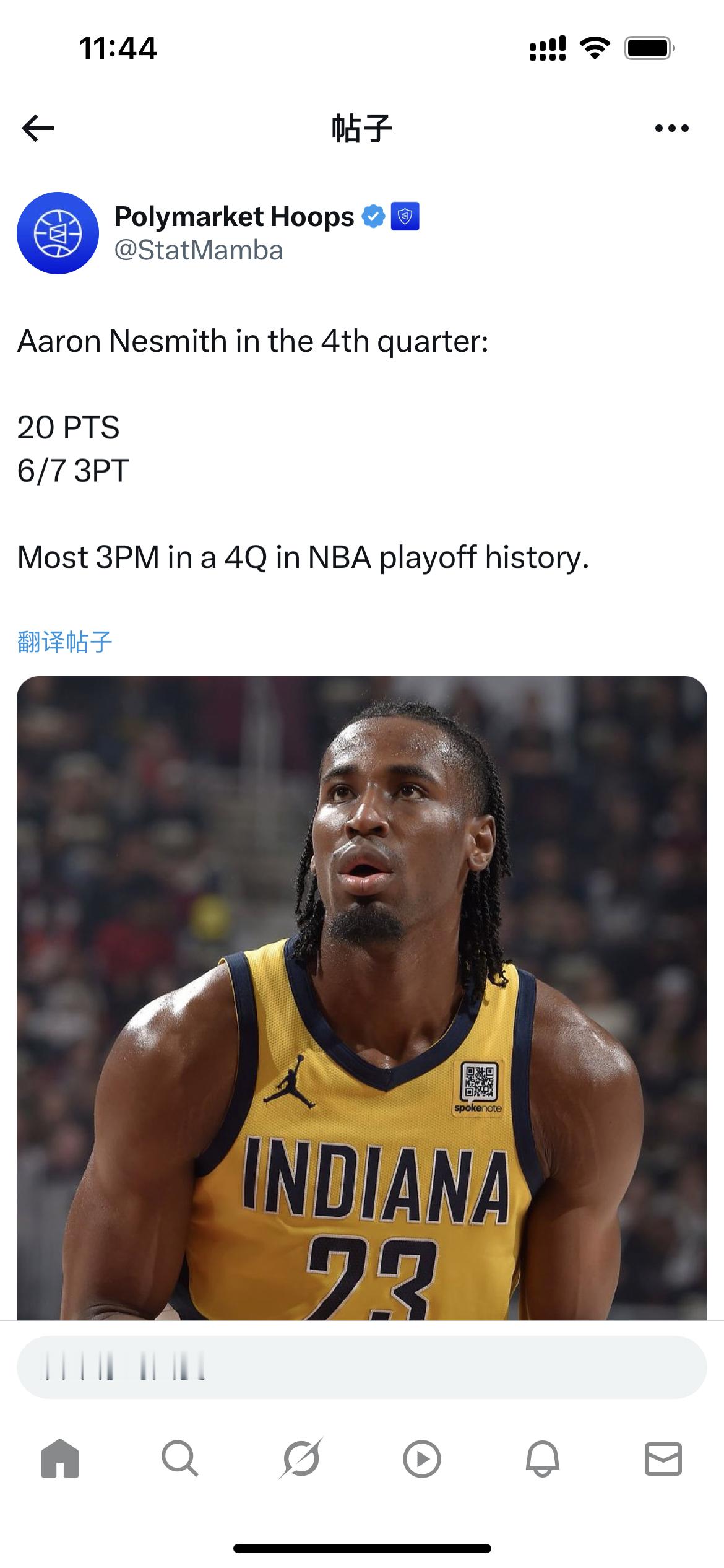 今天记录有点多啊内史密斯第四节单节20 分，三分球7中66个三分也是NBA季后赛