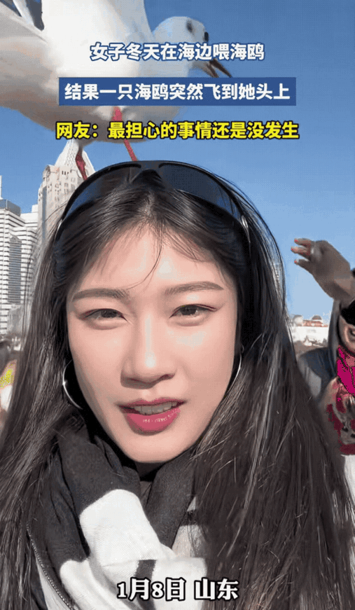 山东一名女子去海边看海鸥，突然一只海鸥飞到女子的头上停了下来，本以为女子会吓的赶