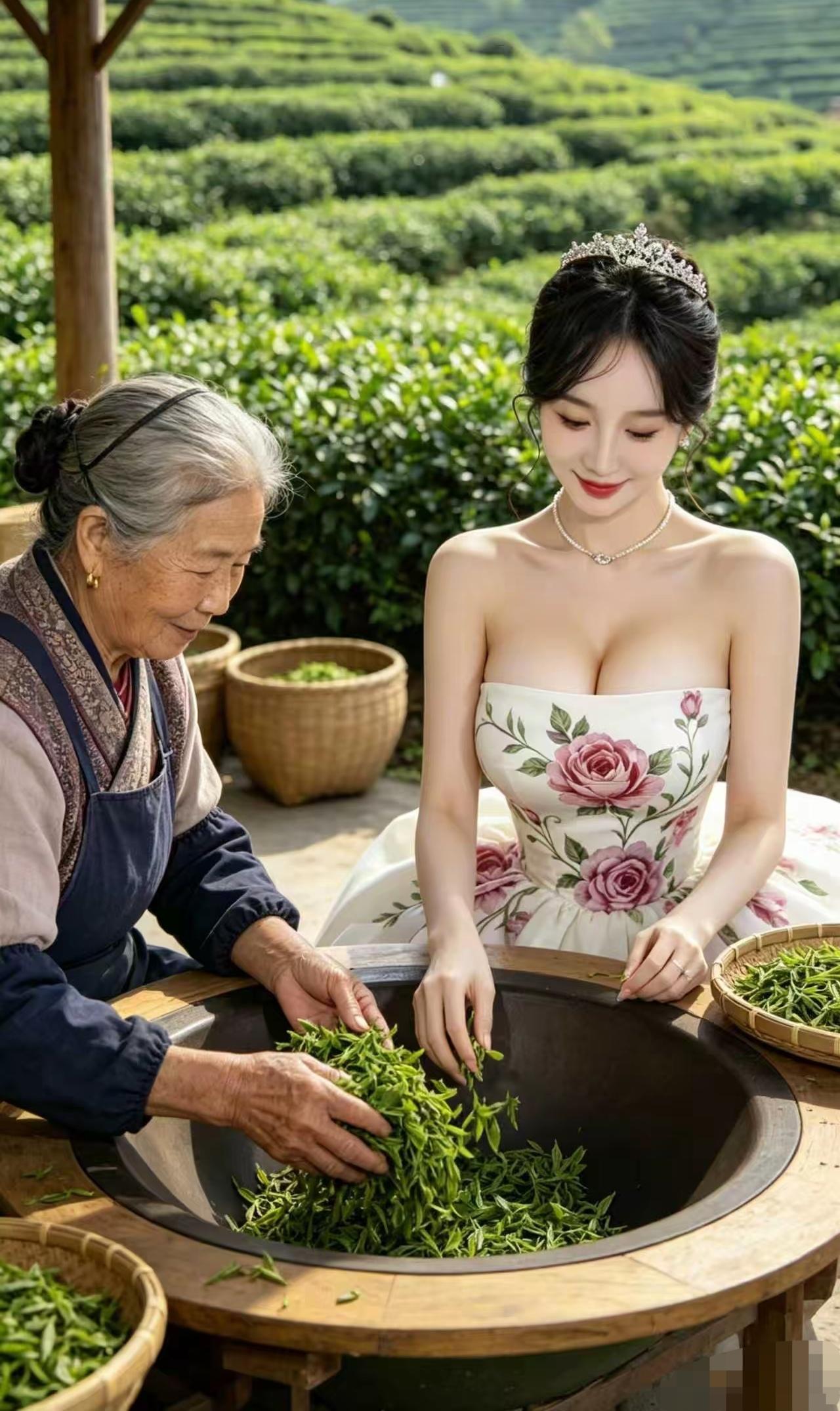 茶园，老奶奶，美女构成了一副美丽的风景