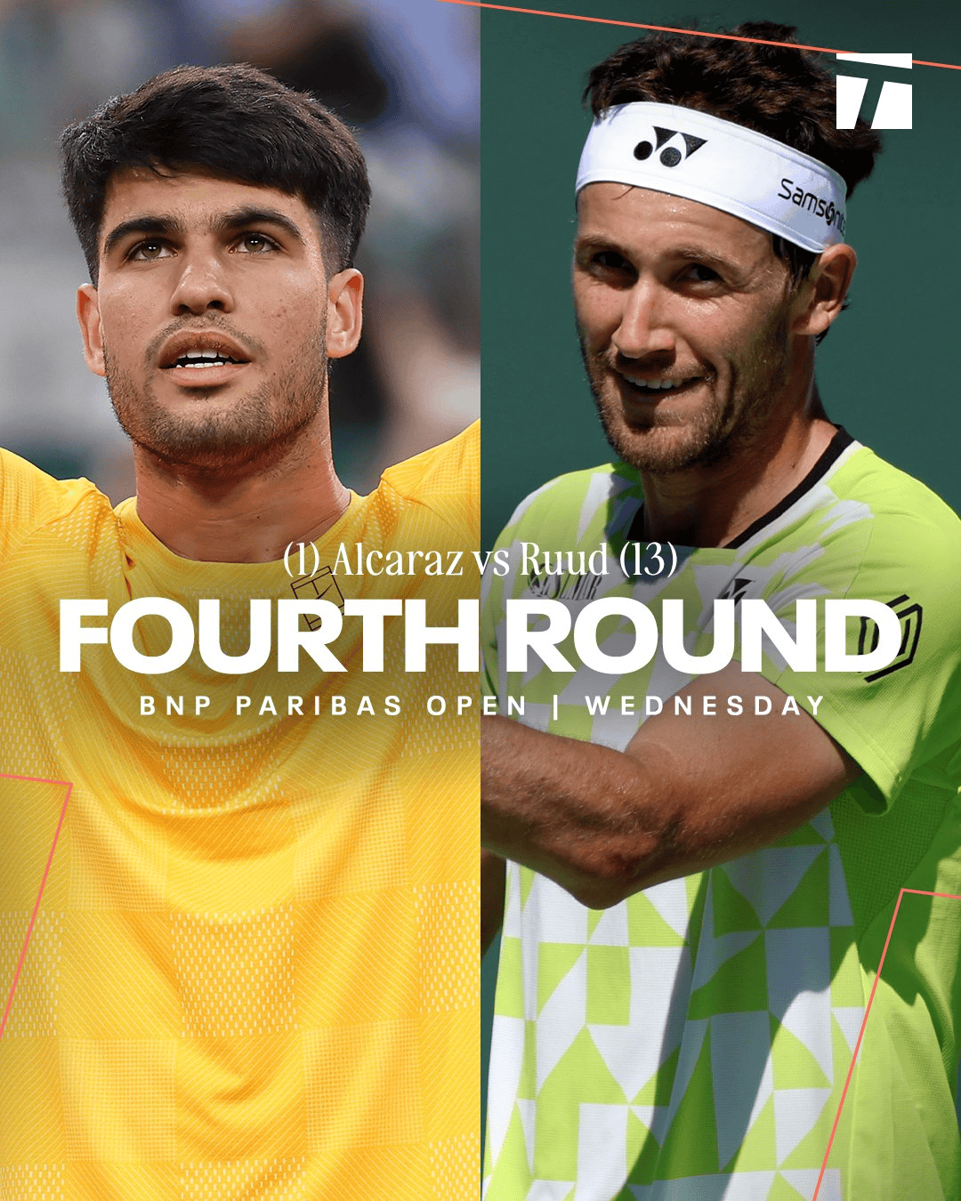 印第安维尔斯大师赛16强对阵：阿卡vs鲁德，辛纳vs丰塞卡