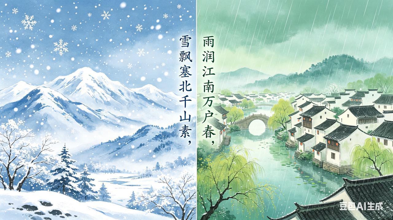 雪飘塞北千山素，雨润江南万户春。