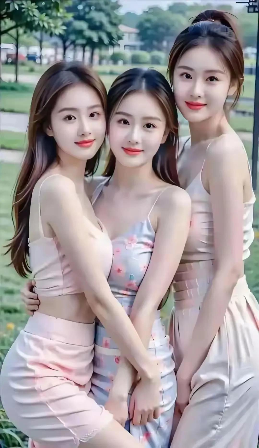 上联：靓女三三晒年华；
下联：？？？