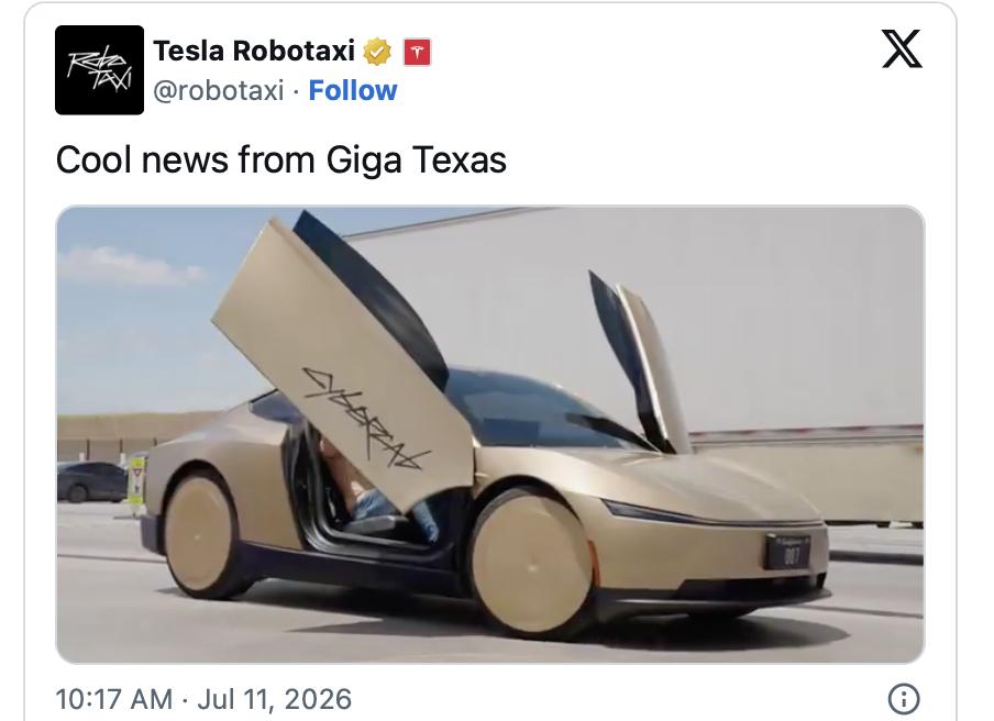 特斯拉Cybercab用作员工摆渡车
特斯拉的官方Robotaxi账户发布了一支