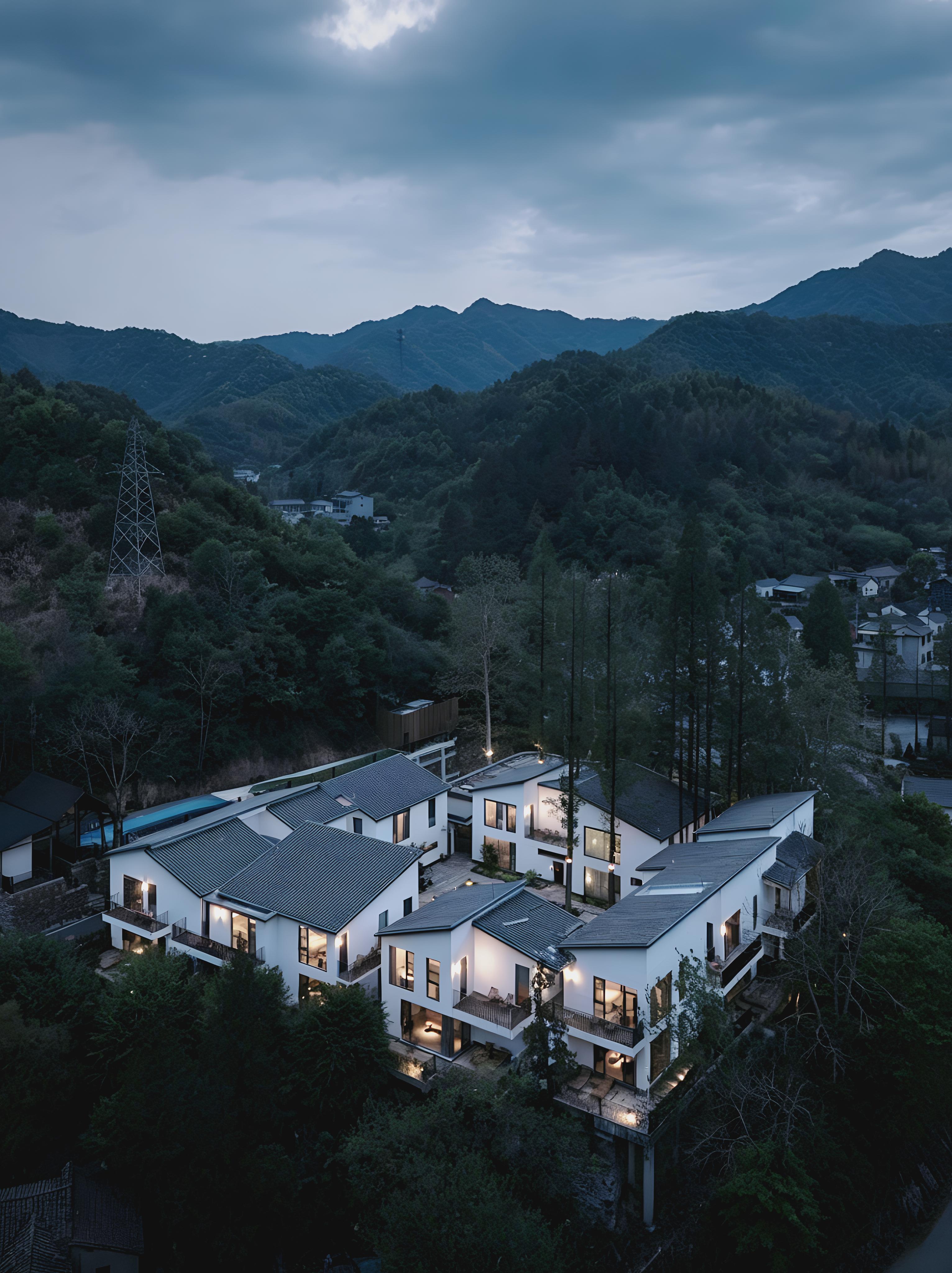 十二户，单元围合成回字形院落四栋房子相连。建筑顺应地形、融入山水，黑白...
