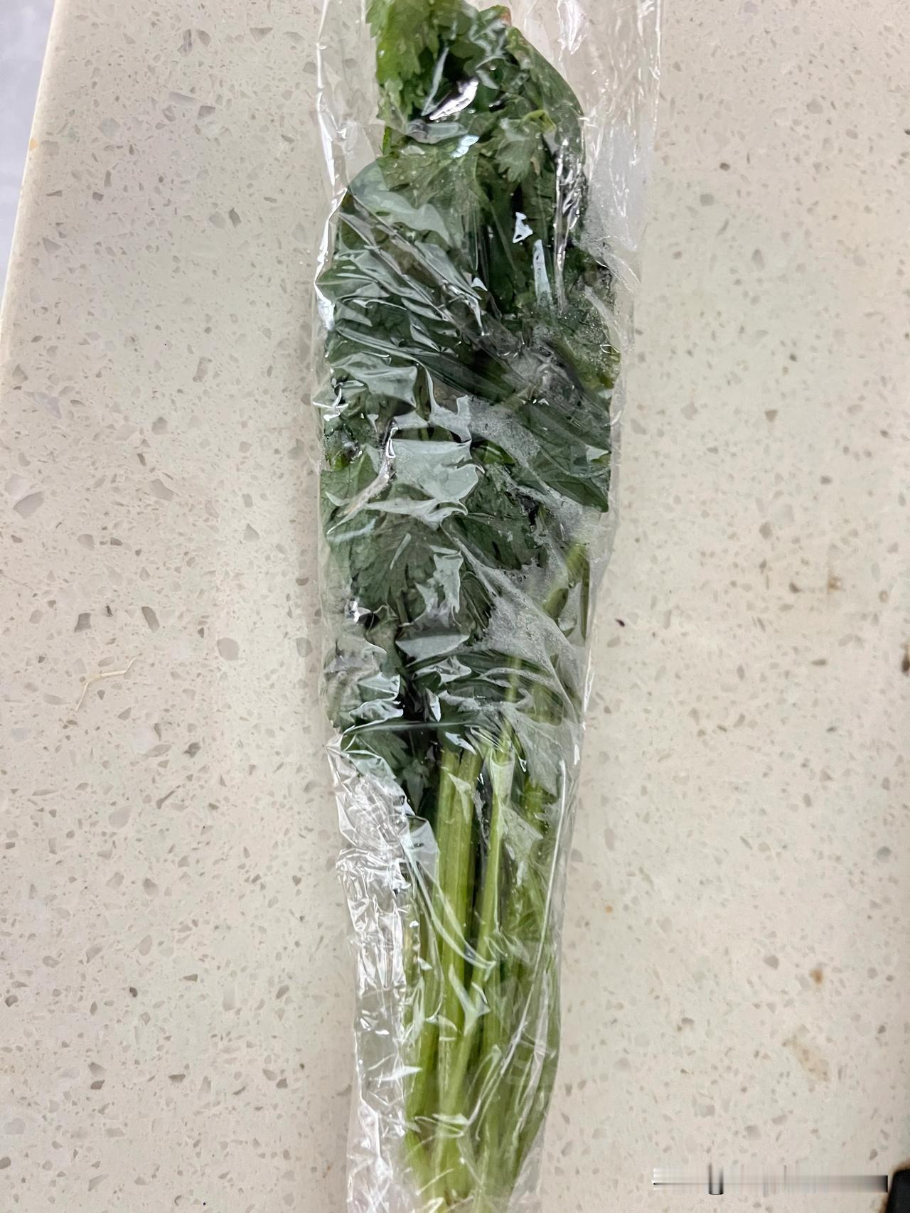 冷冻的香菜。第一次冻香菜，只在网上看到说可以冻，就没多了解就想当然的整棵冻了，结