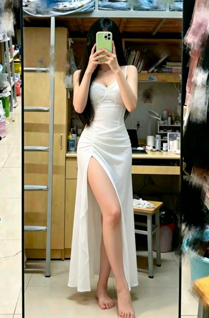 白裙子穿搭 御姐 身材 对镜拍 开叉裙