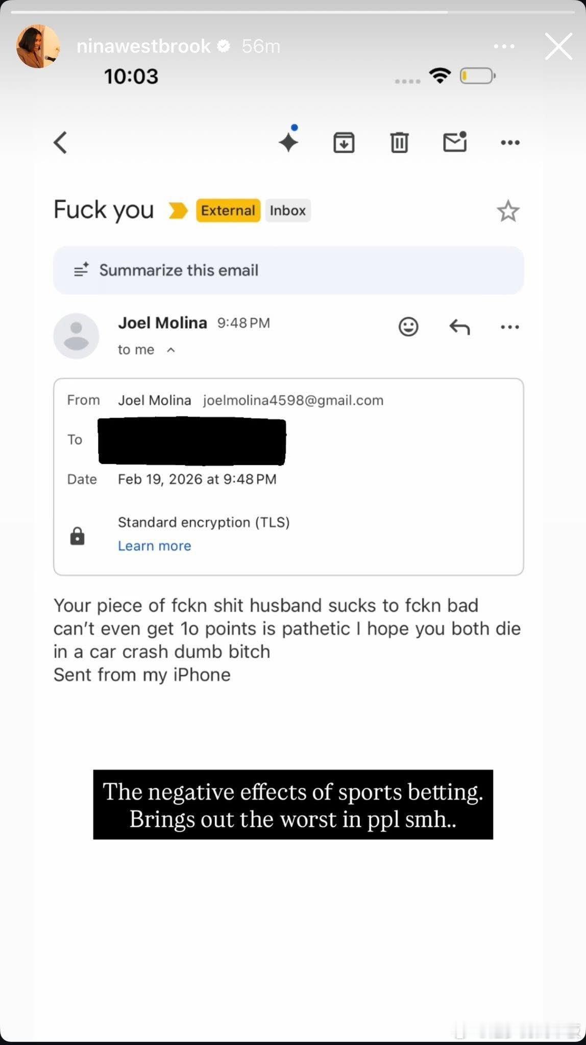 威少妻子Nina更新动态，晒出自己昨日收到的死亡诅咒邮件😢“你那狗屁丈夫烂透了