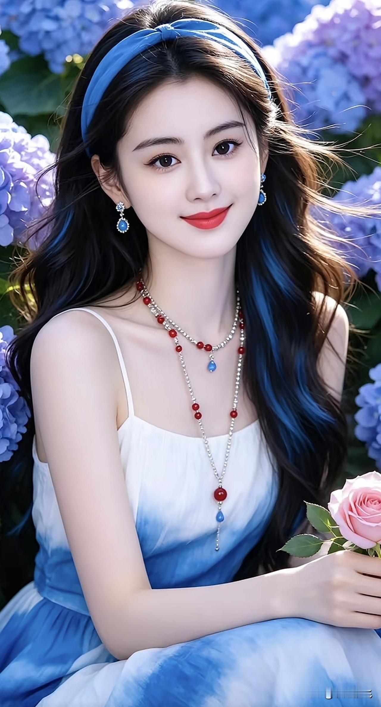 蓝衣美人倚花笑，红唇轻启似有言。淡雅蓝裙照 绿裙美人 红唇美人图 红唇美人图 绿