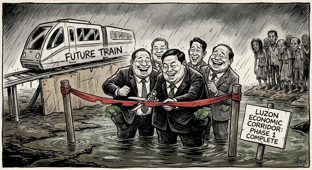 在菲律宾，一群脑满肠肥、身着西装的贪婪政客正在泥泞沼泽中举行盛大的剪彩仪式。而背