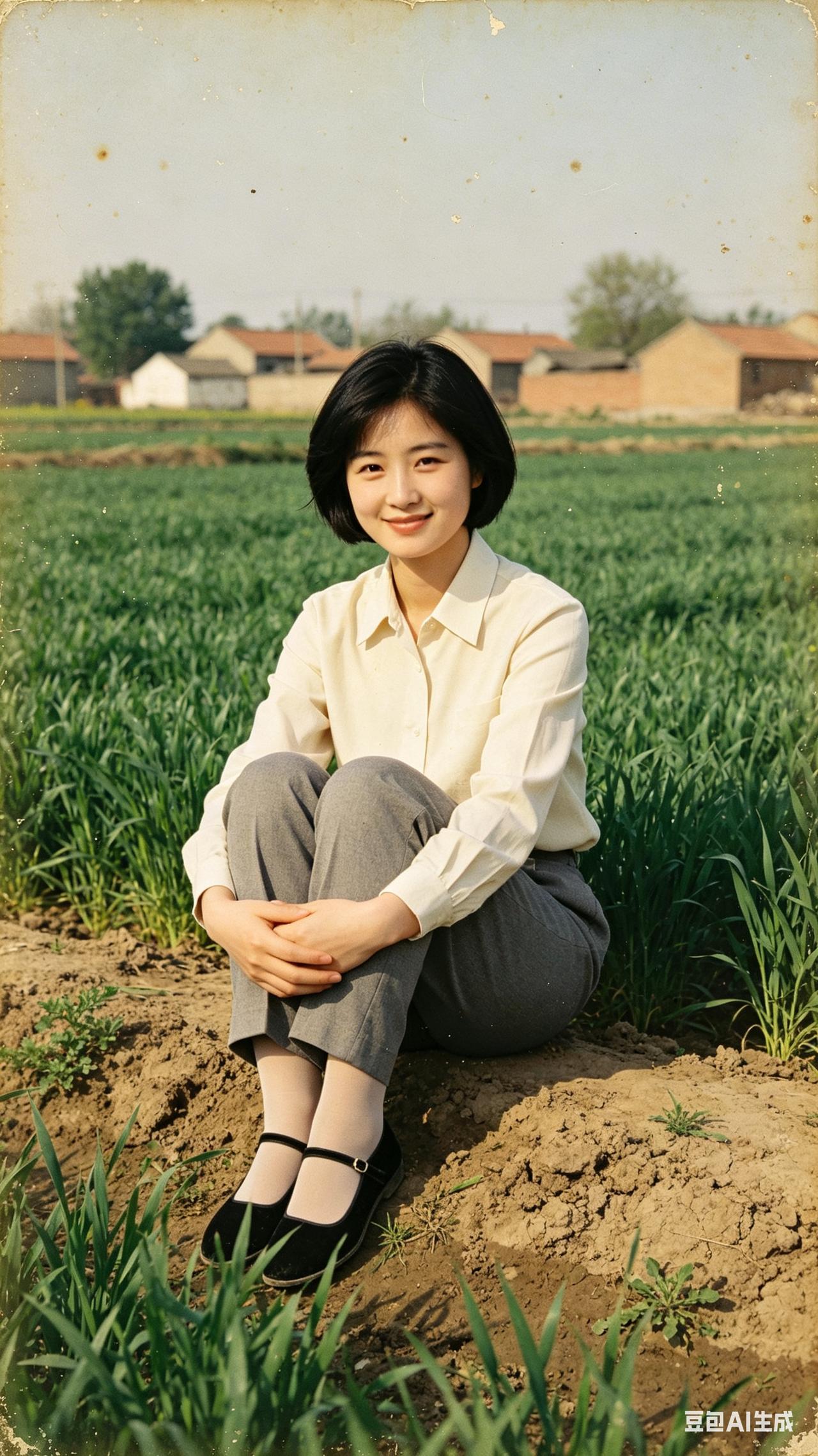 八十年代胶片人像，齐耳短发女子盘腿坐麦田田埂，衬衫长裤质朴大方，含笑直视镜头。绿