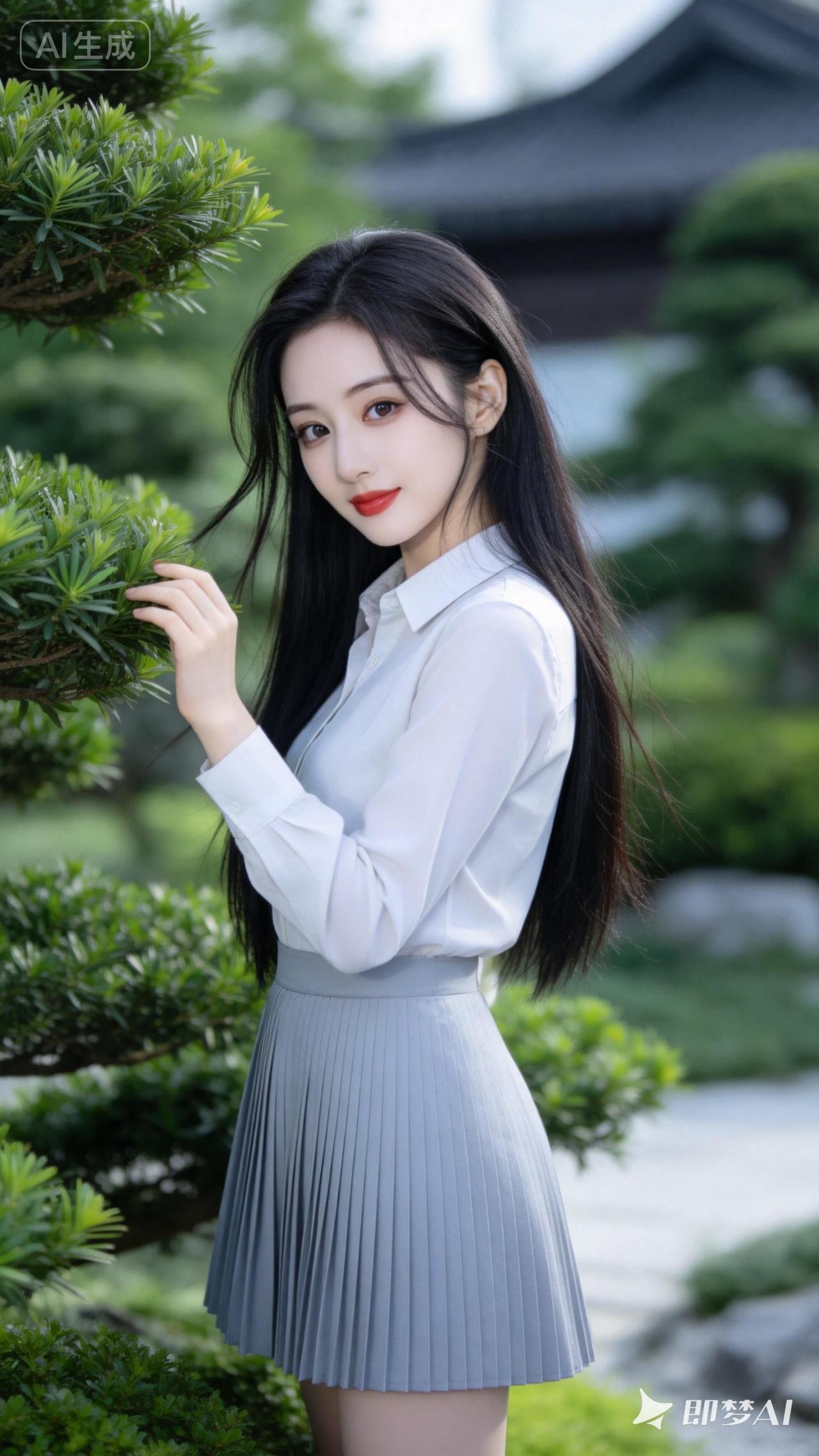 优雅白衬衫+灰色百褶裙，清新自然，气质满满！🌿💕