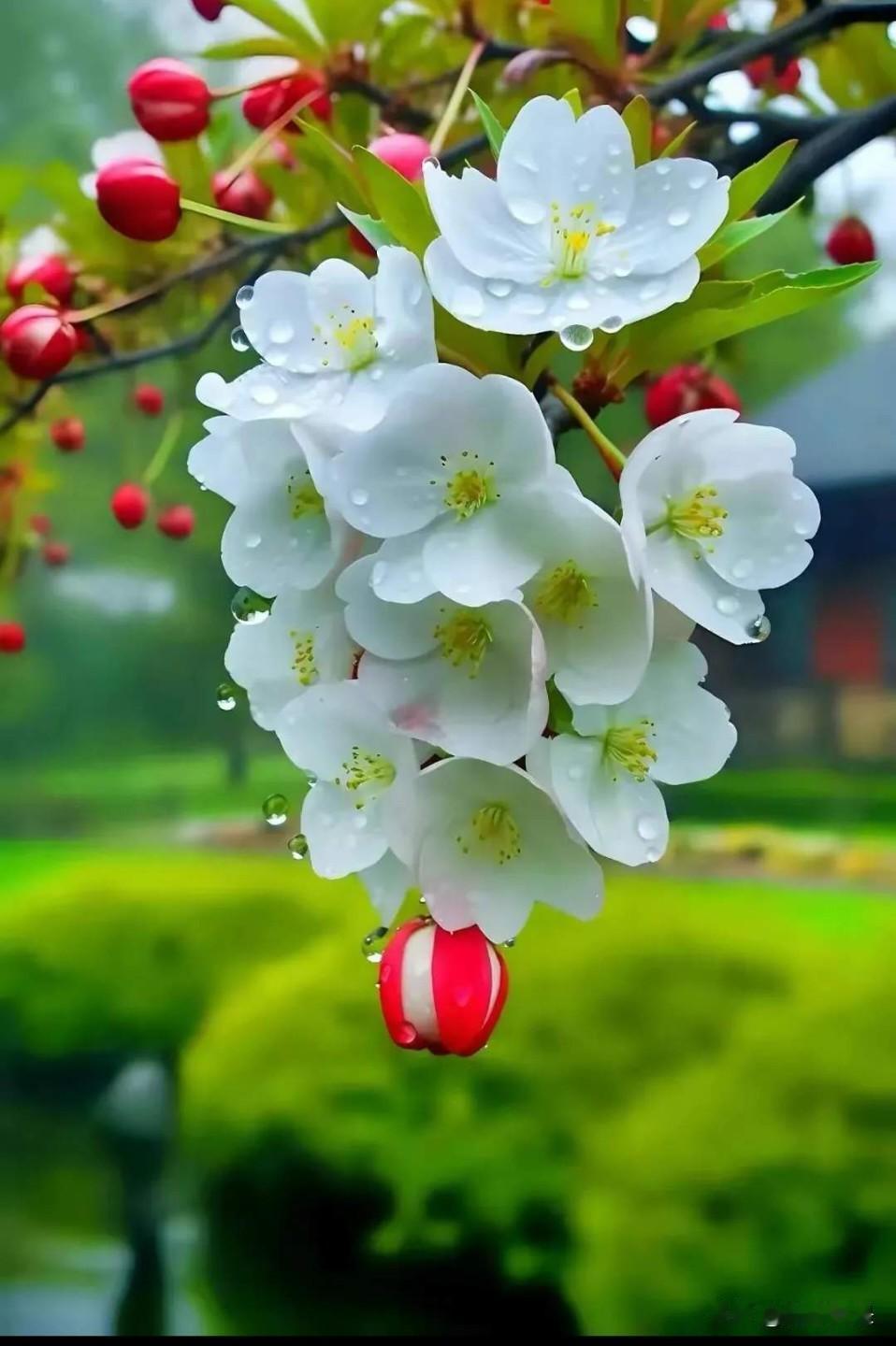 樱花含露，春意盎然。时尚女人坐在这里观赏，这个姿态神情真是醉了。