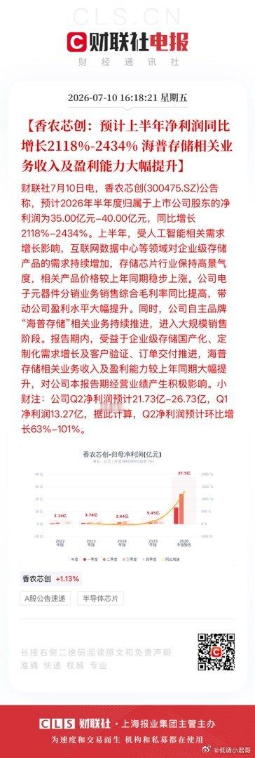 【香农芯创：预计上半年净利润同比增长2118%-2434% 海普存储相关业务收入