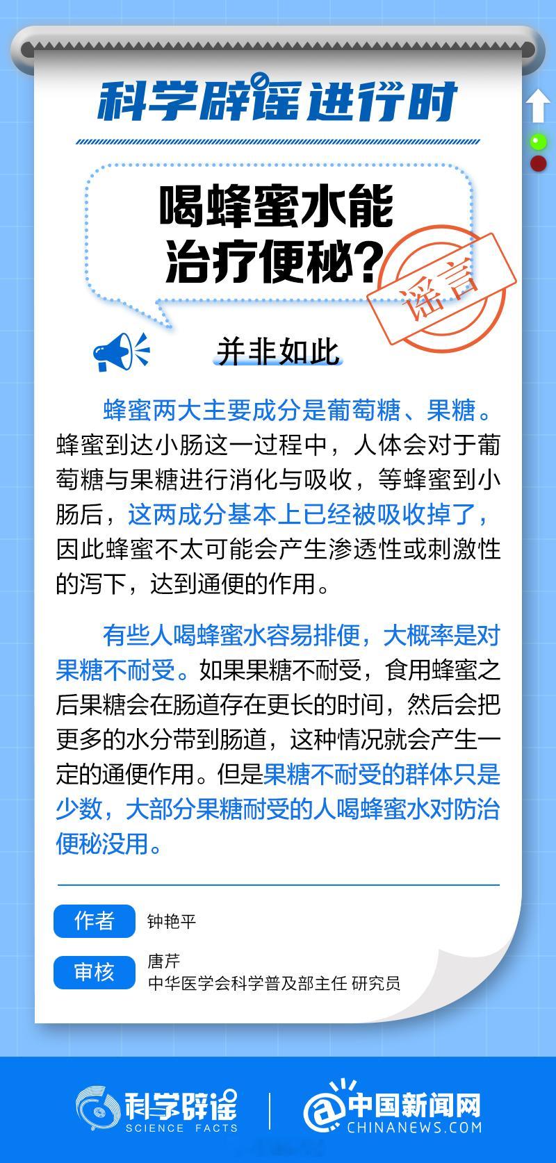 【#喝蜂蜜水能治疗便秘吗#？】#科学辟谣进行时#有些人喝蜂蜜水容易排便，大概率是