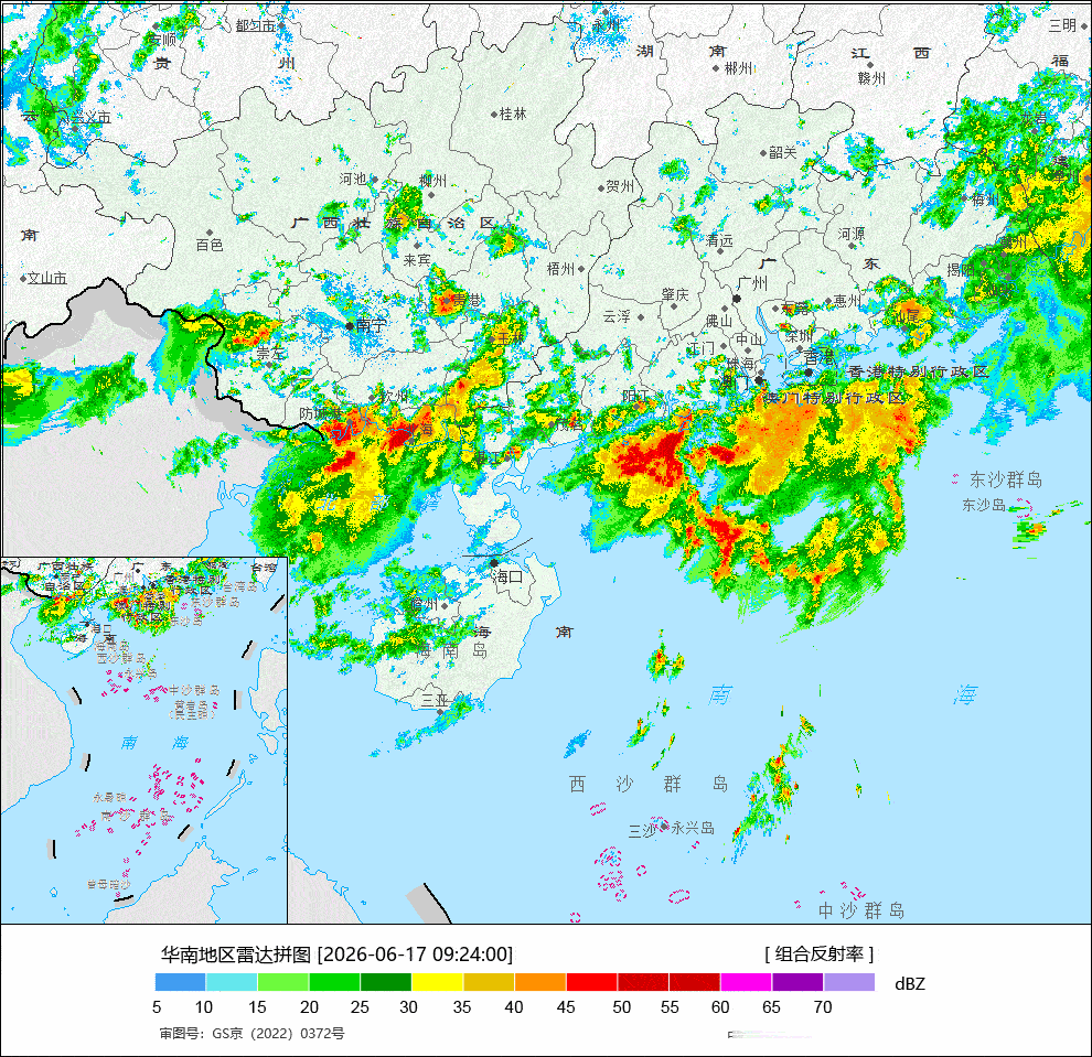 【强对流追踪】今天上午到中午，广西防城港一带，出现列车效应，连续出现了强降雨。9