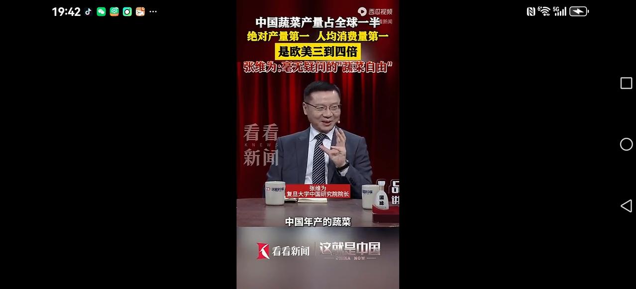 【张维为：蔬菜自由】
张维为：中国年产蔬菜占世界一半，消费也是世界第一，是欧美的