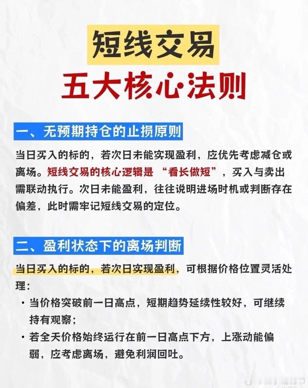 短线交易五大核心法则一、无预期持仓的止损原则当日买入的标的，若次日未能实现盈利，