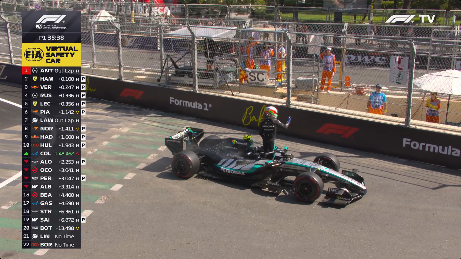 安东内利赛车液压故障，停在赛道旁的缓冲区[二哈]F1[超话]2026F1阿塞拜疆