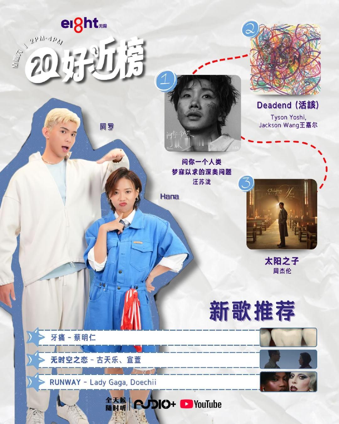 马来西亚电台Eight FM本周20好听榜 TOP3歌曲冠军👑汪苏泷《问你一个