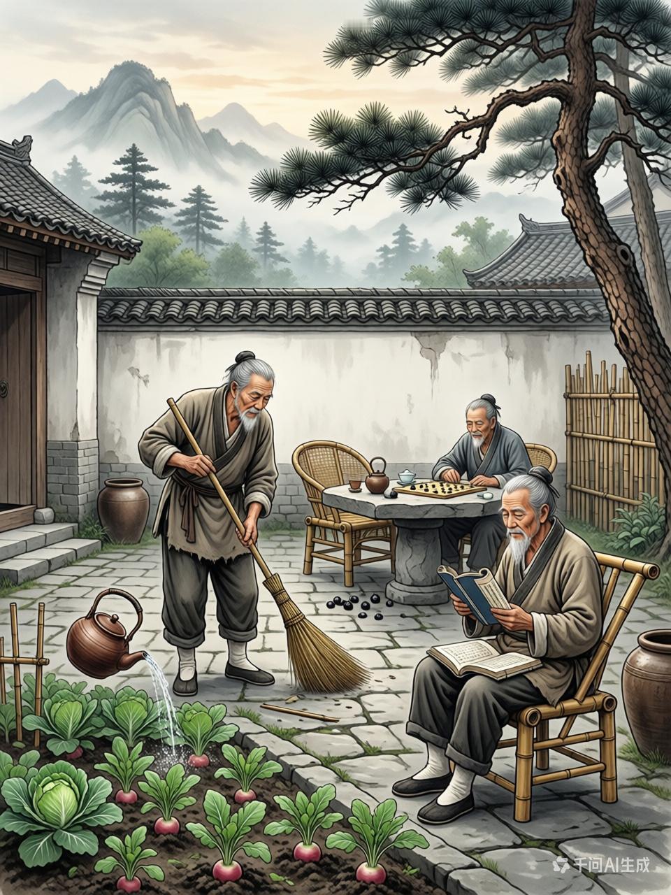 古人言
心常静，气自和，
少烦恼，多安乐。
坐如钟，立如松，
行如风，卧如弓。