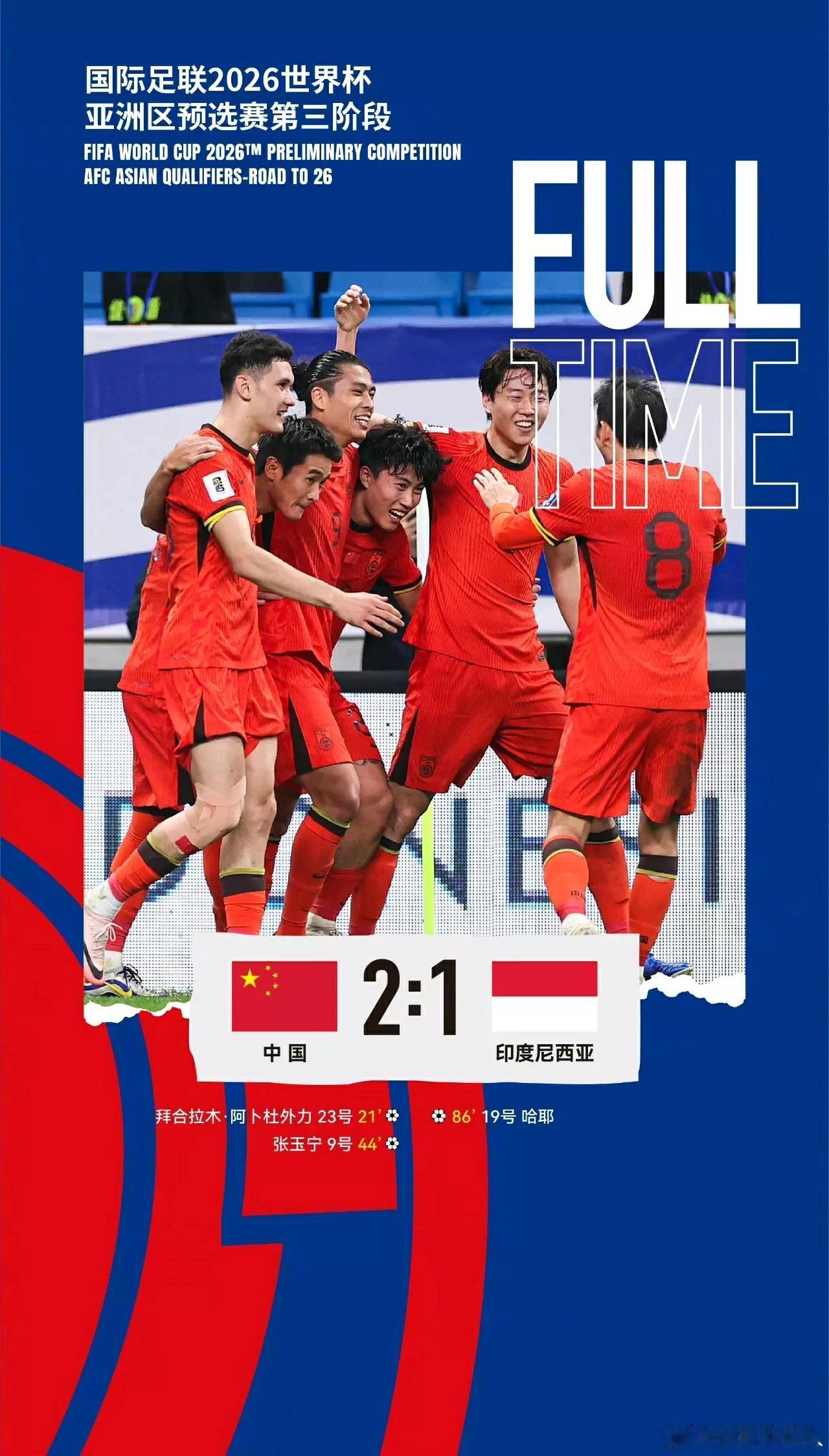 中国足球队終于赢了，昨晚在青岛中国足球队与印度尼西亚队的18强赛，中国足球队以2