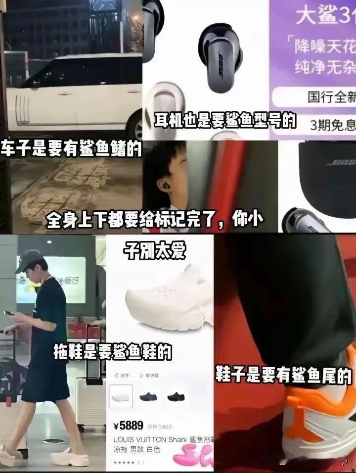 出勤老师是真的喜欢鲨鱼
车子要有鲨鱼鳍的
运动鞋要有鲨鱼尾的
LV拖鞋要鲨鱼款的