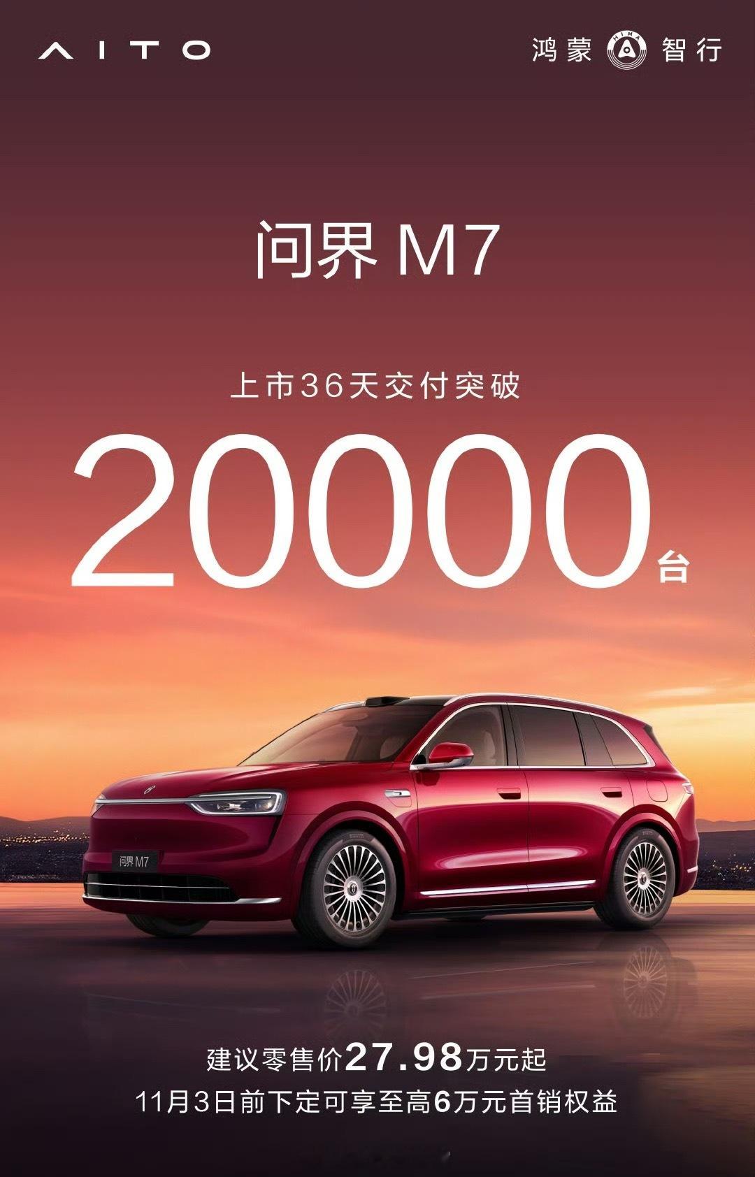 全新问界M7累计交付超2万台 全新问界 M7 上市 36 天交付突破 20000