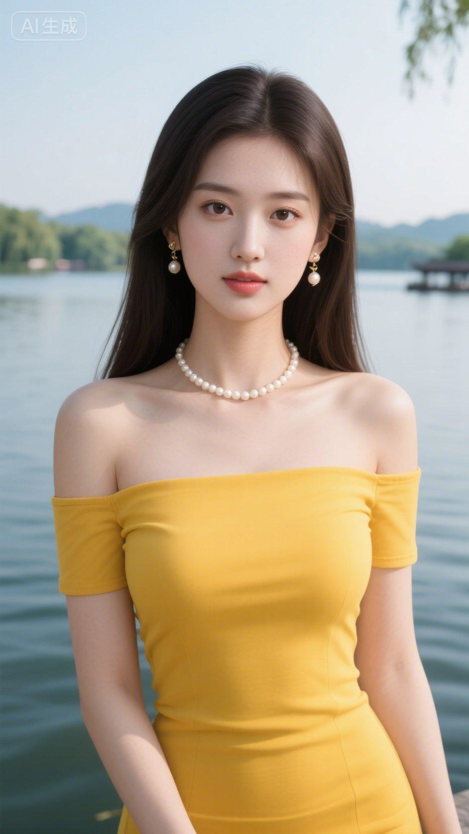 优雅气质，黄色露肩裙，湖畔仙子，珍珠耳环，自然光线下，清新脱俗。