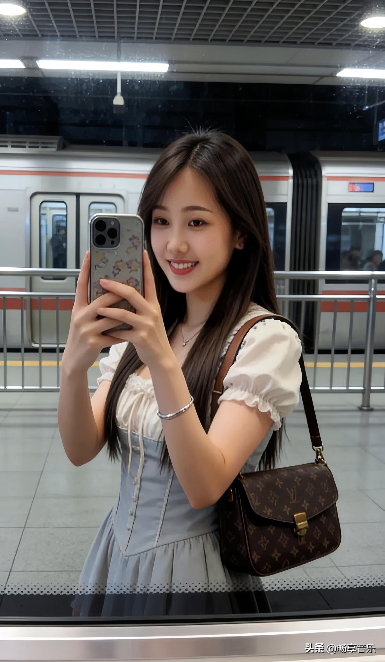 镜中倩影含笑，地铁情思绵长。
地铁酷美人 今日分享随手拍照片 地铁甜妹照 分享一