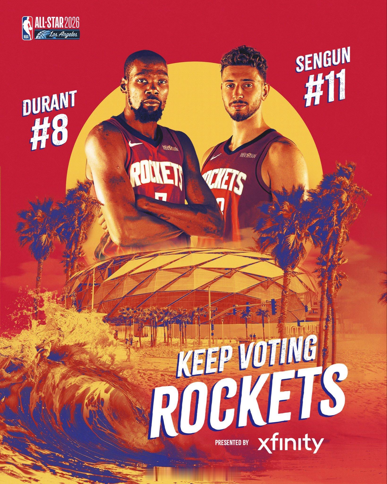 NBA全明星球迷投票首期结果出炉，火箭有两人在榜。其中，杜兰特（548754票）