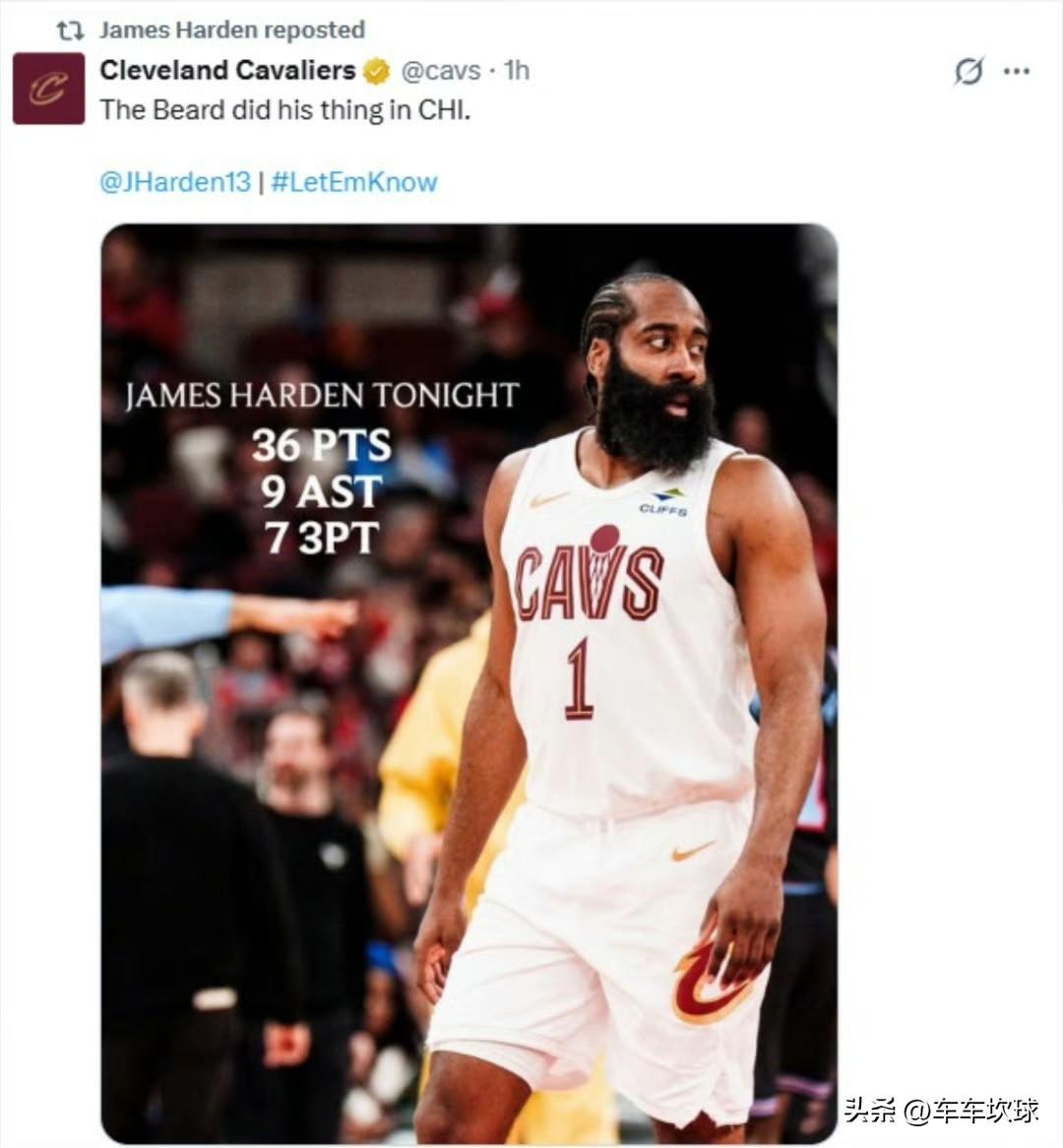 骑士官方社媒分享哈登本场比赛个人数据海报，并配文：“大胡子在芝加哥大显身手。”
