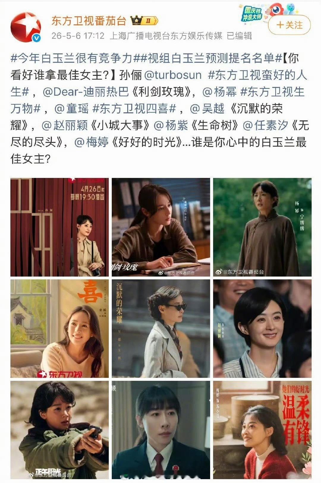 东方卫视发的白玉兰预测：孙俪、迪丽热巴、杨幂、童瑶、吴越、赵丽颖、杨紫、任素汐、