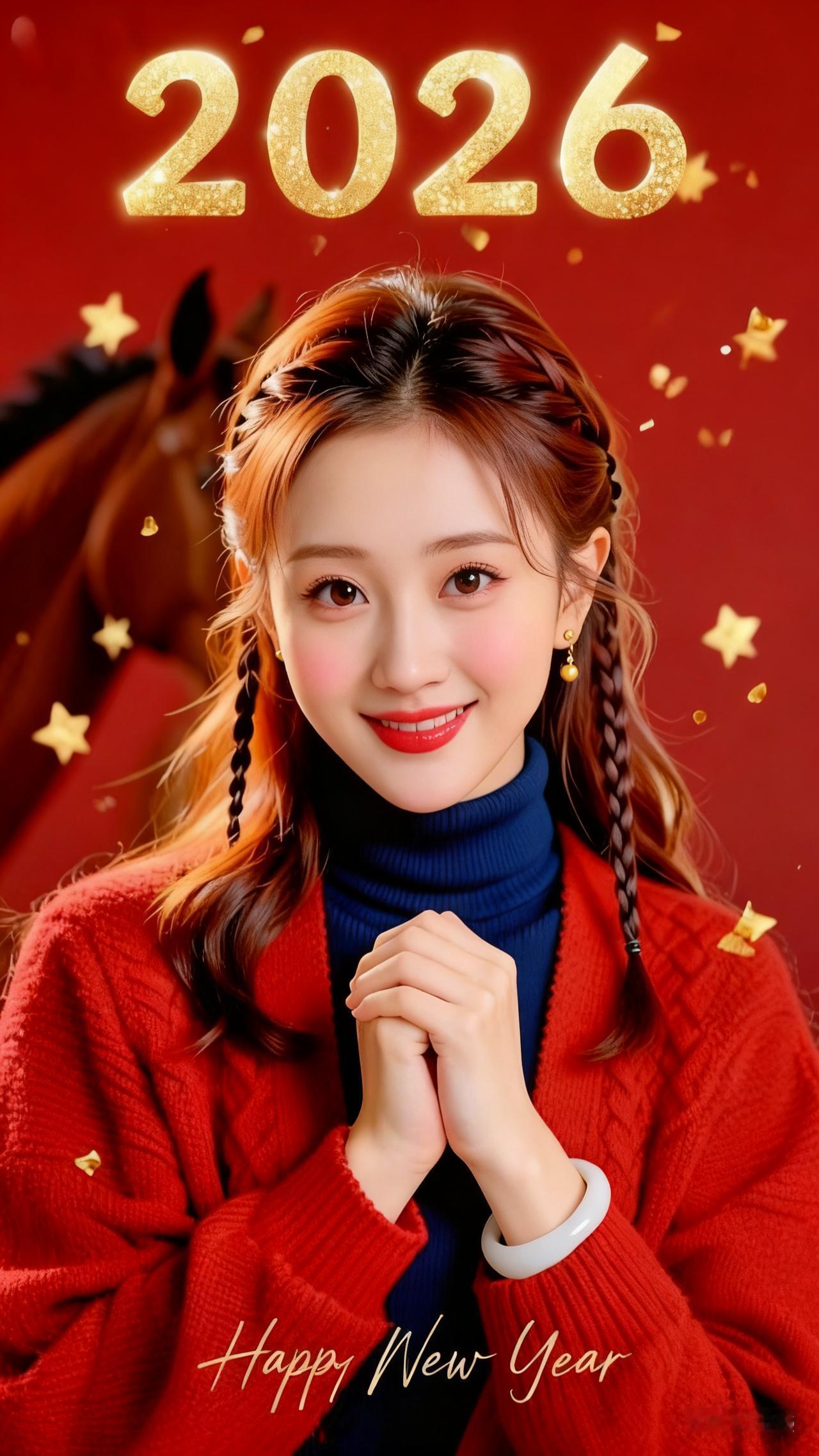 绝美棕红双编发女生，红针织开衫配藏蓝高领，编发嵌黑绳，暖红口红淡桃腮红，小金豆耳