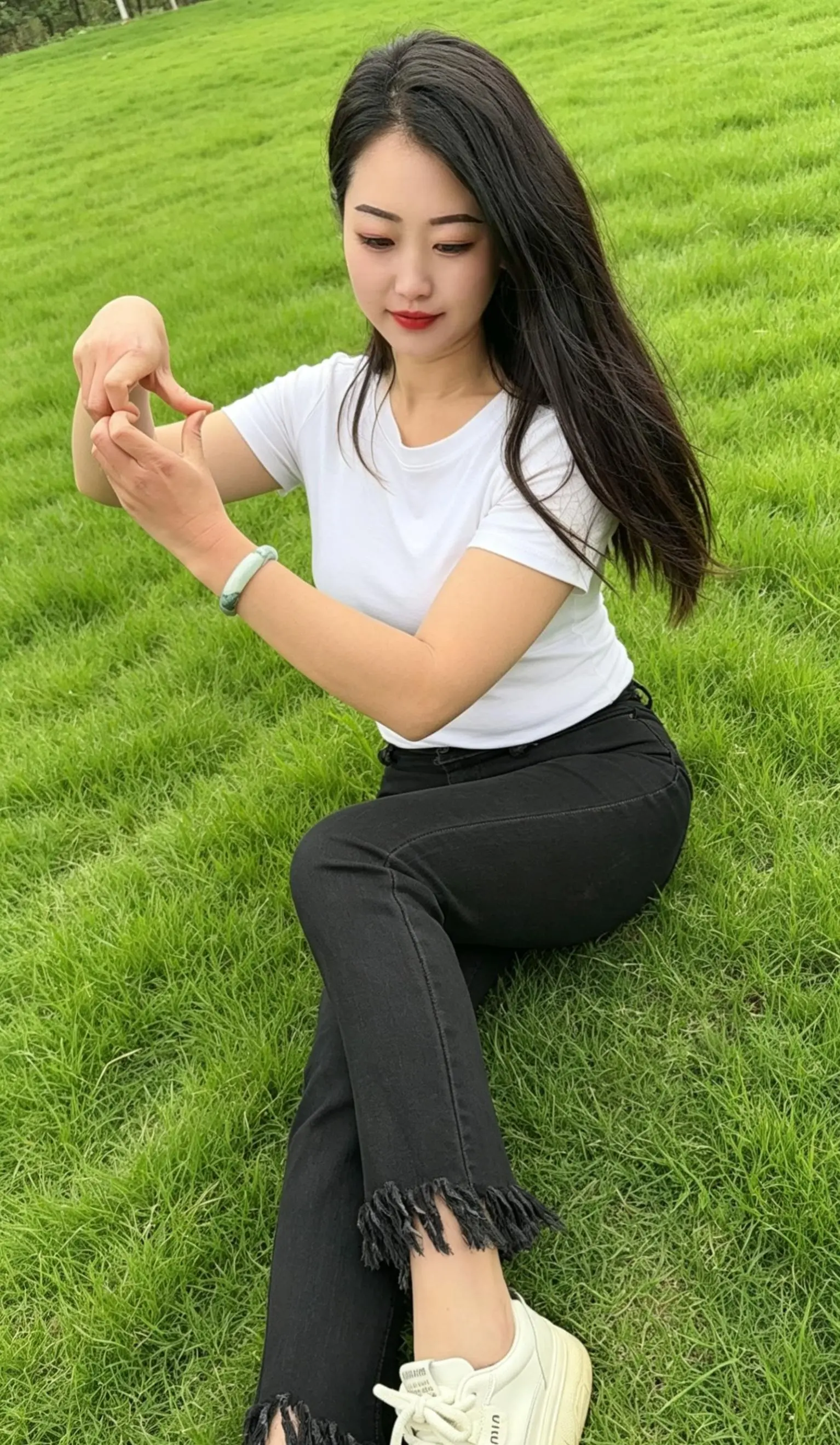 户外 青草地 感情 紧身牛仔裤