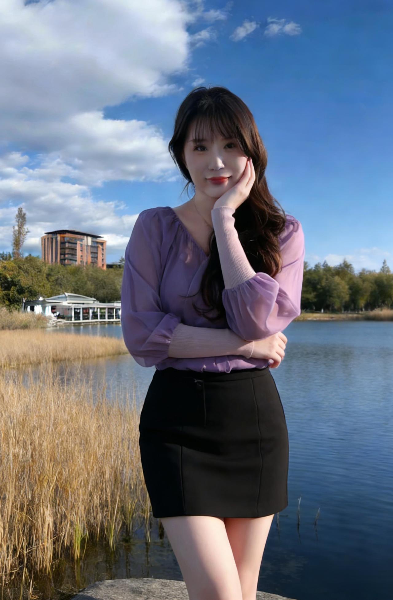 平湖碧水映晴空，紫袂佳人立金风。
一笑嫣然花失色，何须桃李斗春红。