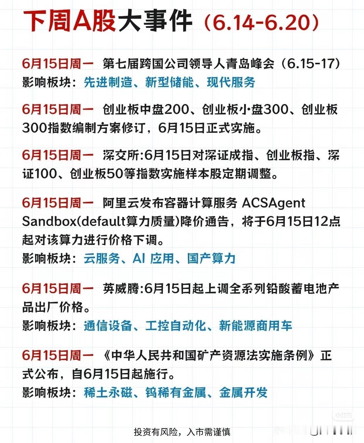 （6.14-6.20）下周事件：

周一催化最多：跨国企业交流峰会利好制造储能；