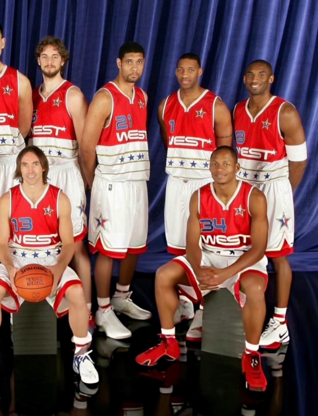 篮天下二十年前的NBA 全明星东西部合影，四大分卫携手詹韦姚鲨。Images v