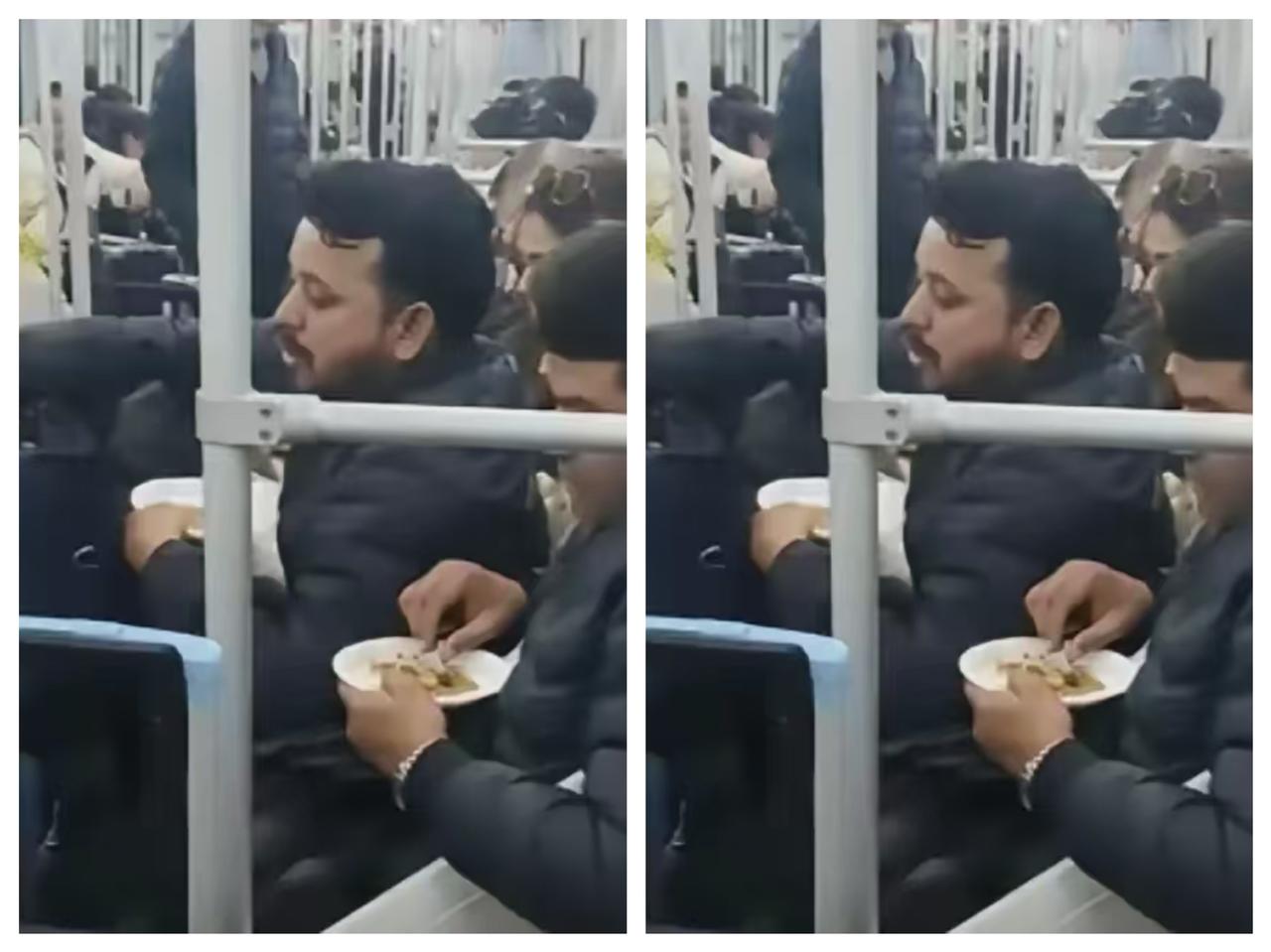 印度人在上海地铁吃饭。
据媒体报道：虽然上海地铁规定：不允许乘客在上海地铁吃饭，